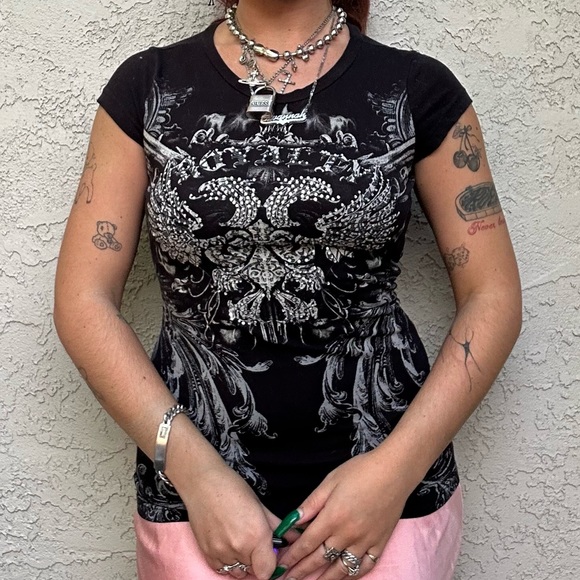 Cyber Goth Diamanté Embellished Baby Tee - Picture 3 of 10